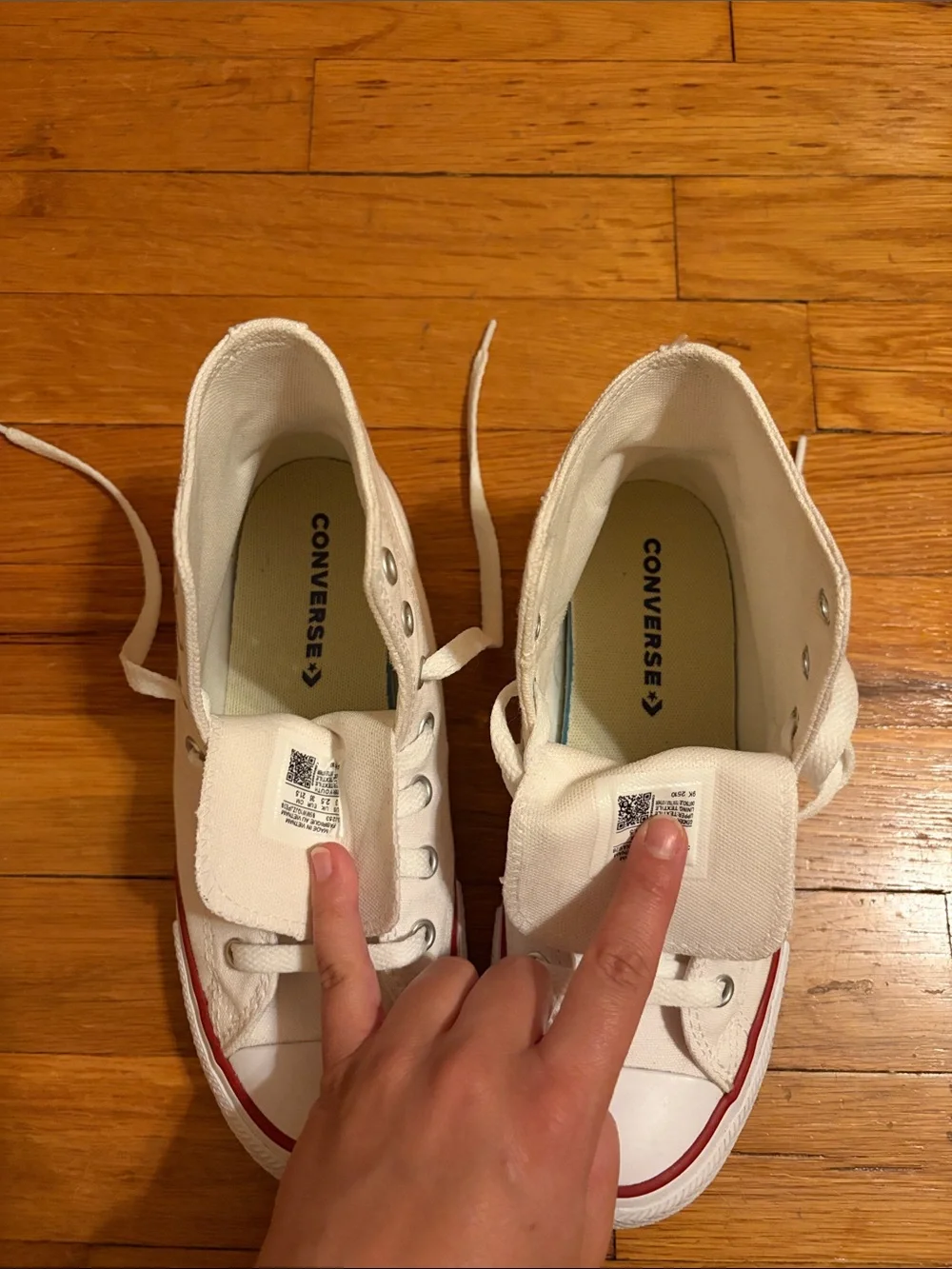 Kids White High-Top Canvas Sneakers with Red & Blue Stripe